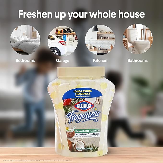 Clorox Fraganzia Crystal Beads Air Freshener, Long Lasting Room Deodorizer and Odor Eliminator Gel Beads to Freshen Home, Car, or Office, Coconut Colada Scent, 12 Fl Oz - 2 Pack