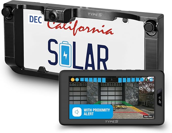 Type S Solar Powered Wireless Backup Camera, License Plate Frame Design, 3-Minute Install, 6” HD Dashboard Monitor, Motion Sensor Activation, Universal Compatibility for Cars, Trucks, RVs