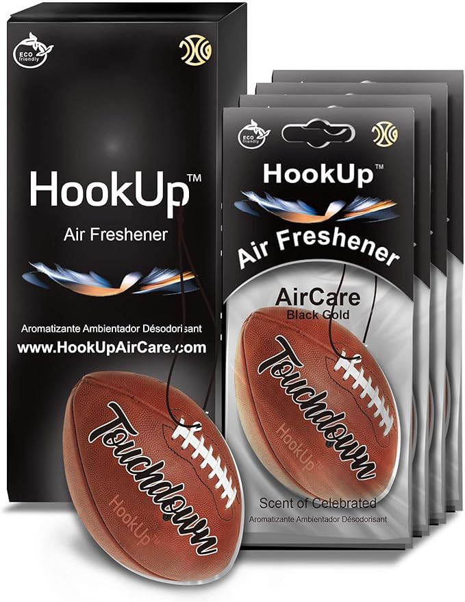 Football Car Air Freshener by HookUp - 4 Pack - Black Gold Scent (Extra Strong) | Unique Football Gift for Players, Coach, Fans | Hanging Car Accessory with Long Lasting Fresheners Smell