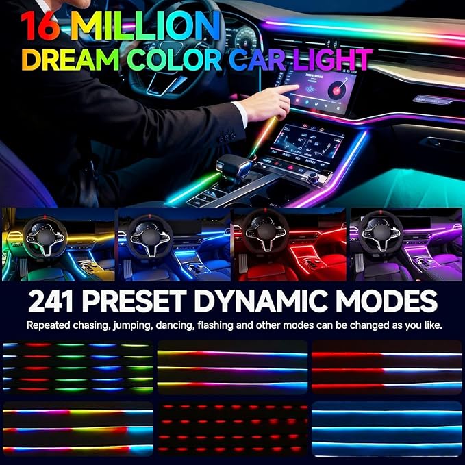 Dreamcolor Acrylic Interior Car LED Strip Lights,43.3in USB RGB Neon Flexible Strip Fiber Optic LED Ambient Lighting Kits with Remote APP, RGB Music Lights Sync for Inside car Decorations