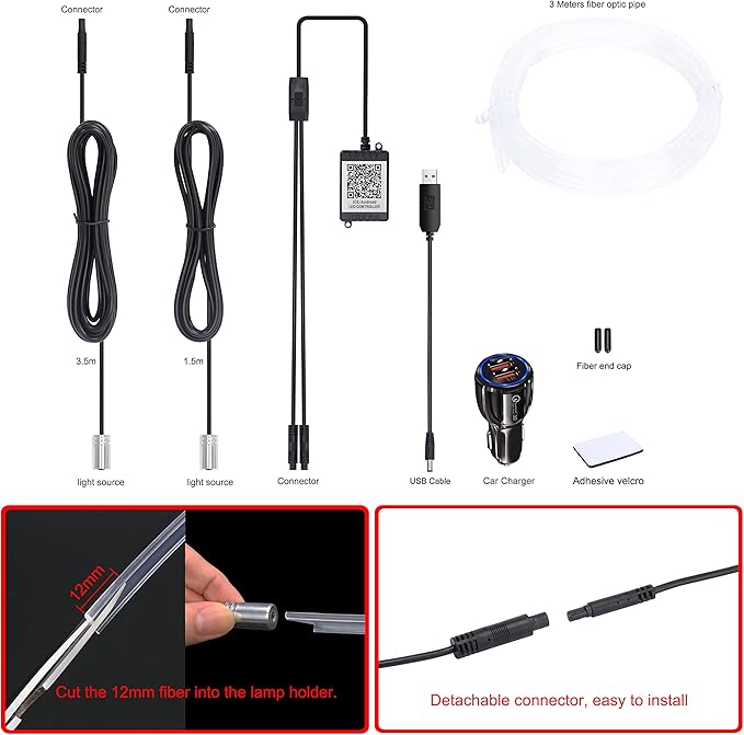 Car Interior Ambient Lighting Kit USB Multicolor RGB 3m Optic Fiber 64 Colors Sound Active Music Sync Memory Function Wireless Bluetooth APP Control Car Atmosphere Light with car Charger 12V