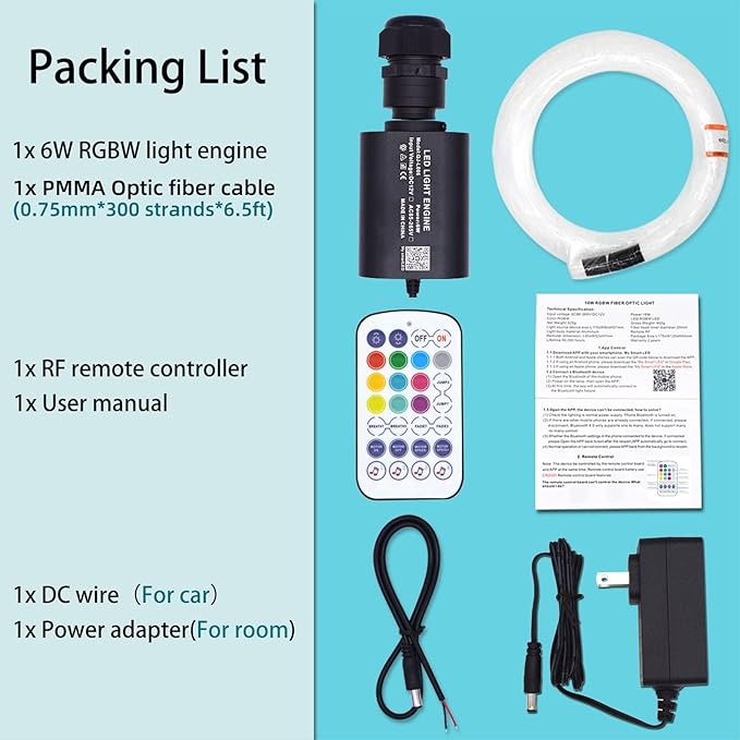 Twinkle Starlight Headliner Kit Sound Activated Star Ceiling Lights Fiber Optic Lights Mini White with Bluetooth APP & Remote Control 300 Pieces 6.5ft/2m Fiber Optical Cable