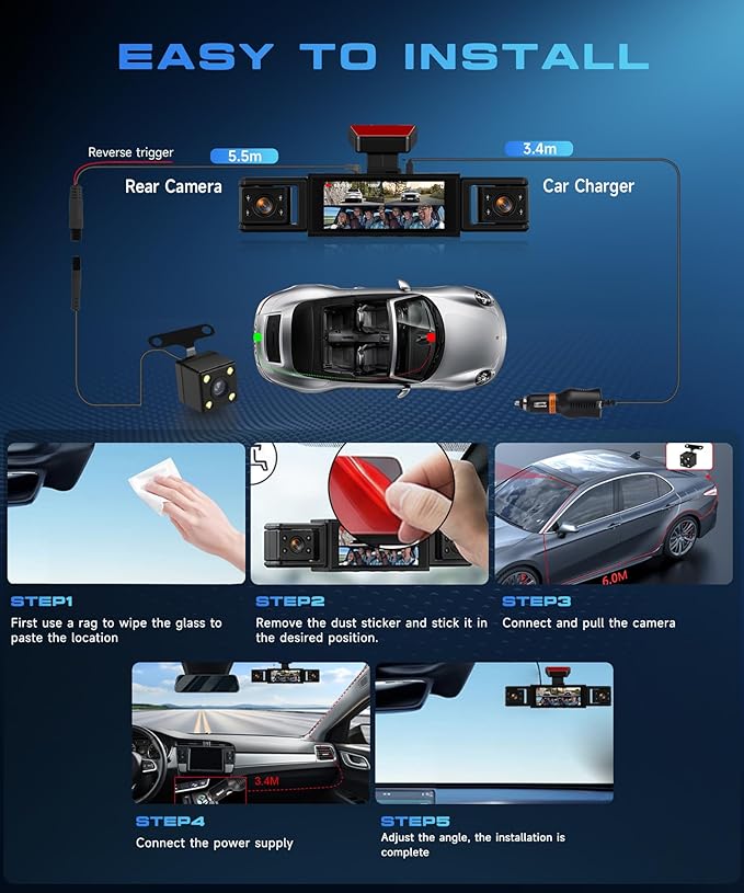 360° Dash Cam 1080P Front+480P Rear Left Right, 4 Channel Dash Cam for Car, 3.16 Inch IPS Dashcams with Night Vision, Loop Recording, Motion Detection, 24/7 Parking Monitor, Reversing Help