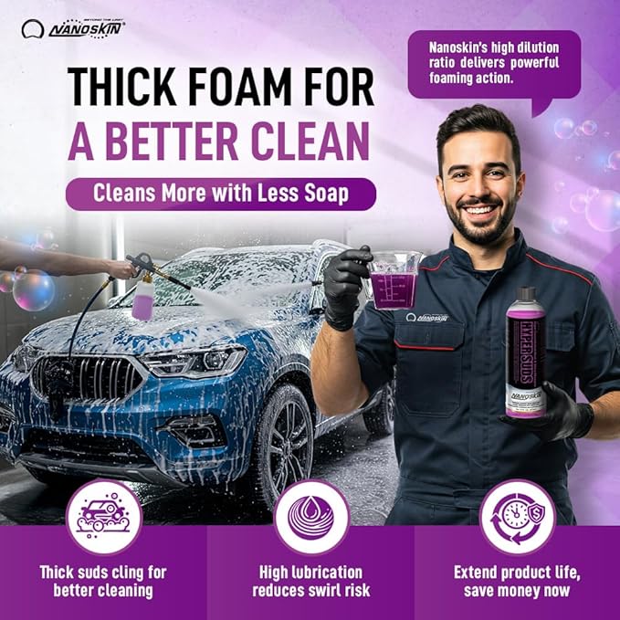 Nanoskin HYPER SUDS Foaming Car Wash Shampoo 16 Oz. - Ultra Concentrated: Works with Foam Cannon, Foam Gun, Bucket Wash, Pressure Washer | Ideal for Use in Mixing/Metering systems | 800:1 Dilution