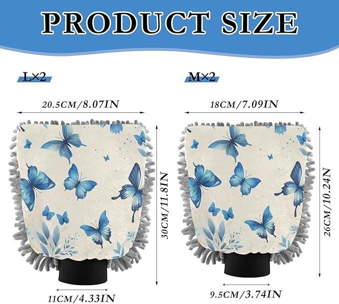 Qilmy Blue Butterfly Microfiber Chenille Car Wash Sponge Scratch Free Car Wash Mitt Absorbent Mitt Sponge for Trucks SUVs Car Washing Home Cleaning, Large