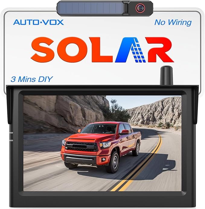AUTO-VOX Solar Wireless Backup Camera:5" 1080P HD Monitor3-Minute Easy to Install & 5000mAh Battery Powered Back Up Camera SystemIP69K Waterproof Wide Angle Reverse Camera for Car Truck Trailer Vans