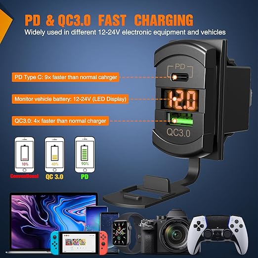 Nilight 4 Gang Rocker Switch Panel with PD Type C and USB Charger Voltmeter 12V SPST ON Off Toggle Switches with Orange Backlit Waterproof Aluminum for Boats Cars RVs Trucks