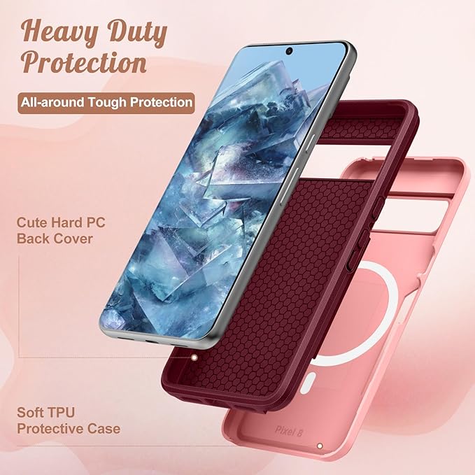 for Google Pixel 8 Case 6.2 Inch - Compatible with MagSafe Women Girls Cute Magnetic Protective Cover Girly Kawaii Unique Pretty Heavy Duty Shockproof Design for Google Pixel 8 Phone Cases