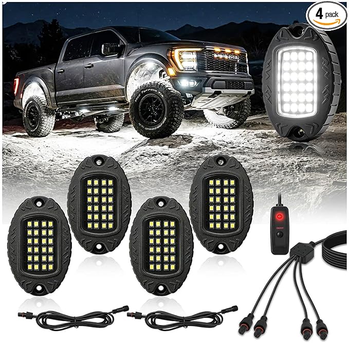 4 Pods Pure White LED Rock Lights, IP68 Waterproof Aluminum 6500K Bright White Underglow Light with Extension cord Harness,12V Metal Fender Lights for ATV UTV SXS RZR Car Golf Cart Trucks Off Road Etc