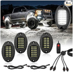 4 Pods Pure White LED Rock Lights, IP68 Waterproof Aluminum 6500K Bright White Underglow Light with Extension cord Harness,12V Metal Fender Lights for ATV UTV SXS RZR Car Golf Cart Trucks Off Road Etc