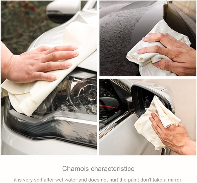 (3 Pack) Car Natural Chamois Cleaning Cloth,Absorber Towel for Car Chamois Drying Towe RIVERLAKE Genuine Deerskin Leather Auto Car Wash Drying Towel,Super Absorbent,3 Available Sizes. (L/M/S 3IN1)