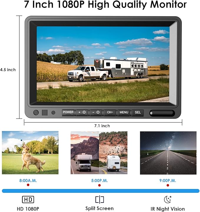 ZEROXCLUB Digital Wireless Backup Camera System Kit, IP69K Waterproof Wireless 2 Rear View Camera + 7’’ LCD Dual Split Monitor for RV/Truck/Bus/Camper/Trailer (WX02)