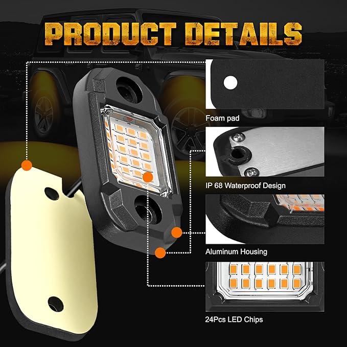 12Pods LED Rock Lights Amber 24led Chips Waterproof Neon Underglow Lighting Kit for Trucks SUV ATV Car