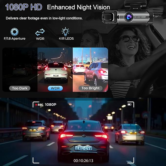 Dash Cam Front and Inside, 1296P Dual DashCams for Car, 3.16 Inch IPS Screen Driving Recorder with IR Night Vision, Loop Recording, Wide Angle Lens, 24H Parking Traffic Recorder