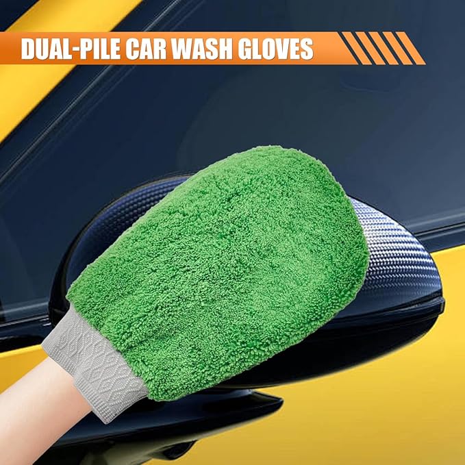 Craedli 9PCS Car Wash Detailing Tool Kit, Car Wash Mitt, Microfiber Cloths, Cleaning Sponge, Wheel Brush, Wax Applicator Pad, Universal Auto Interior & Exterior Cleaning Supplies (Green)
