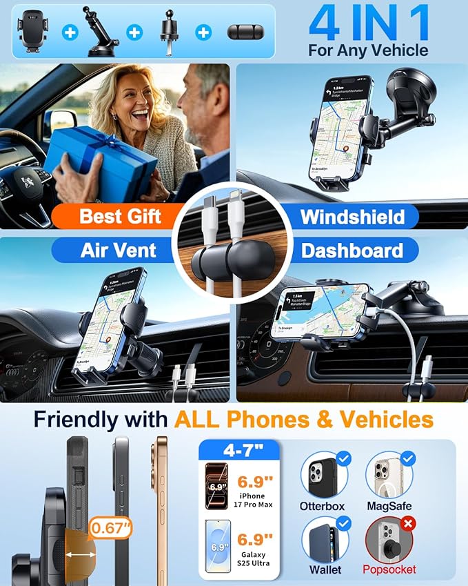 YRU True Military-Grade [360° Rotation Suction] 2026 Ultimate Car Phone Holder Mount 【90+LBS Safest Strongest & Patent Certs】 Dashboard Windshield Vent for iPhone 17 16 Pro Max Samsung, Jet Black