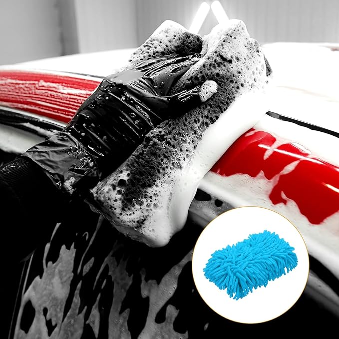 HARFINGTON Car Wash Sponge 9.1" x 4.7" Chenille Microfiber Mitt Scratch-Free Absorbent Scour Scrubber Cleaning Sponge for Washing Detailing on Cars, Trucks, SUV, Boats, RVs, Light Blue