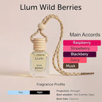 Llum Wild Berries Hanging Car Air Freshener – Luxury Automotive Perfume Diffuser 10ml (0.34 fl oz), Long-Lasting Fragrance, Alcohol-Free Non-Toxic Scent, Glass Bottle With Wood Cap & AC Vent Clip