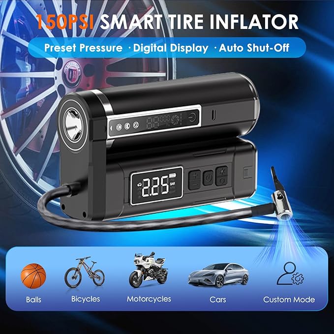 Mini 3-in-1 Car Vacuum & Tire Inflator, 18000Pa Brushless Motor, 150PSI Smart Air Pump for E-Bike/Motorcycle/Car, Cordless Handheld Vac with LED Lantern
