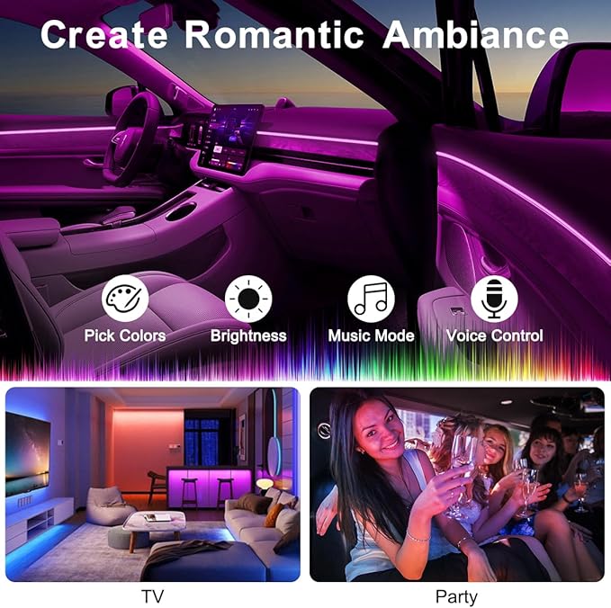 Interior Car Lights with Wireless APP & Remote Control, 9 in 1 RGB Car Ambient Lighting Kit with 4 Under Dash Lights & 5 Fiber Optic LED Strips, Sync to Music Inside Car Accessories