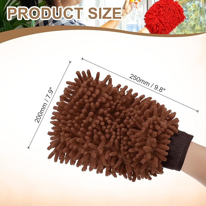 HARFINGTON Premium Chenille Microfiber Car Wash Mitts 9.8" x 7.9" Scratch Free Wash Gloves Absorbent Double Sided Plush Cleaning Drying Mitts for Car Washing Home Brown