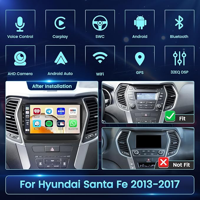 【2+64GB】 Wireless Carplay for Hyundai Santa Fe 2013-2017 Android Car Stereo 9" Touch Screen with Android Auto, Radio Dash Kit GPS Navigation WiFi Bluetooth SWC Mirror Link, Mic Backup Camera