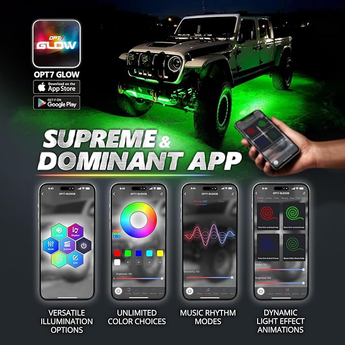 OPT7 Aura Pro Rigid RGB LED Underglow Kit for Trucks Trailers Pickups with App & Remote Control, Multi Colors Music Modes, 4 PCS Waterproof Aluminum Light Bars, Exterior Neon Under Car Lights