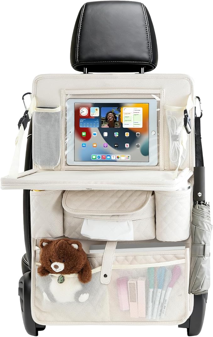 Car Backseat Organizers 2 Pack with Foldable Trays - PU Leather Back Seat Organizers with 11 Storage Pockets, Tablet Holders, Seat Back Protectors for Kids Family Travel Accessories (Beige)