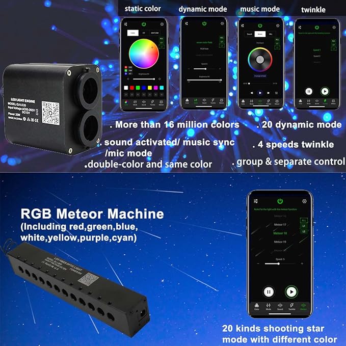 AZIMOM Dual Color 20w Twinkle Fiber Optic Starlight Headliner Kits 600pcs 0.03in 9.8ft, RGB Meteor Shooting Star, Sound Activated Remote APP Control Home Car Ceiling Décor