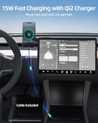 for Qi2 15W Tesla Magsafe Charger [Heat Restriction], Tesla Phone Mount Charger for Model Y/3 Screen[Stable Metal Holder], Wireless Fast Charging for iPhone 17 to 12 Series with 40″ C-C Cable