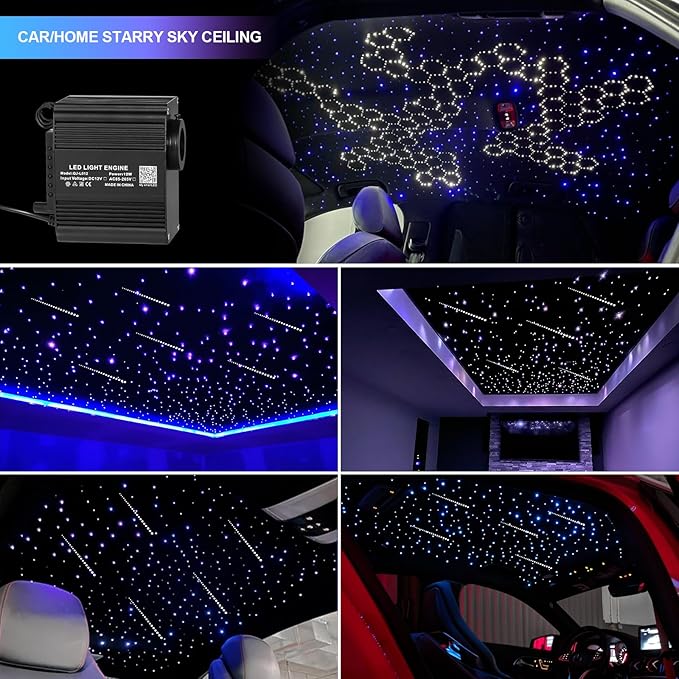 Starlight Headliner Kits for Car, Twinkle & Meteor 2-in-1 Light Engine, 450pcs 0.03in 9.8ft RGBW Fiber Optic Lights Star Ceiling Sky Decoration for Car/Home, White Shooting Stars 12W Starlight kit