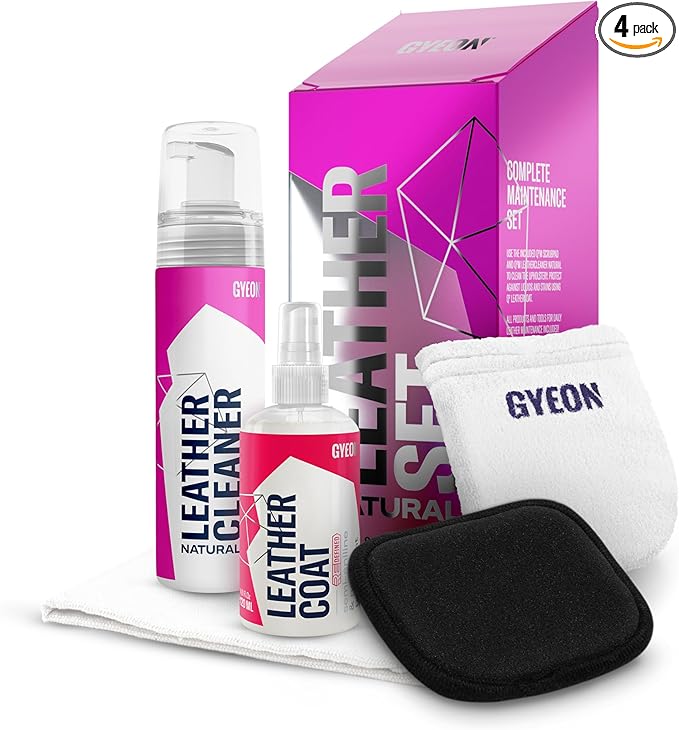 GYEON LeatherSet Natural automotive leather cleaning coating kit pre‑cleaner plus leather sealant protection for car seats interiors hydrophobic ceramic sheen prep & maintain