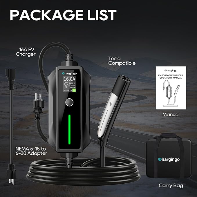 Level 1/2 Portable EV Charger for Tesla Model Y/3/S/X, Home 240V 16A (NEMA 6-20) & 120V 12A(NEMA 5-15 Adapter), Adjustable 8-16A, NACS, 25ft Cable, ETL Certified, LCD Display, Travel Bag