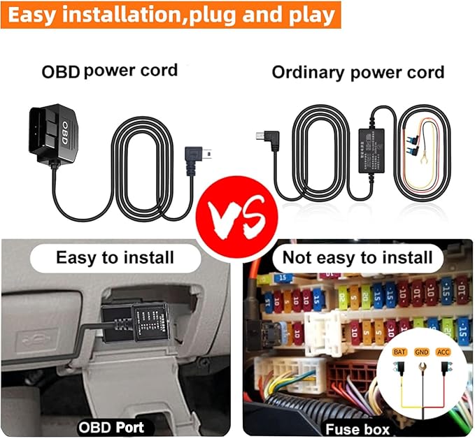 Dash Cam OBD Hardwire Kit, USB Type C Power Cable for Dash Camera 24 Hours Surveillance/Acc Mode for Dashcam Power Adapter with Low Voltage Protection 12-24V to 5V/3A