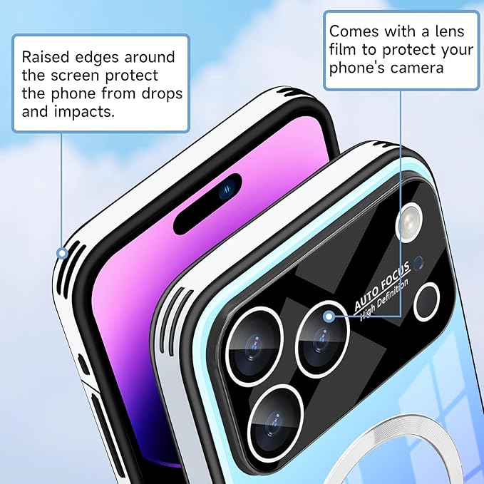 Guppy Compatible with iPhone 17 Pro Magnetic Case, with Full Camera Lens Protector [Compatible with MagSafe] Scratch Resistant Gradient Glass Back Cover Phone Case-Blue