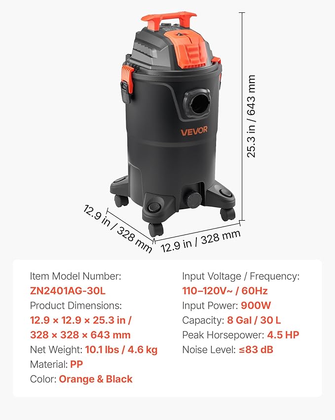 VEVOR Shop Vac, 8 Gallon Wet Dry Shop Vacuum, 4.5 Peak HP Portable with One-Button Self-Cleaning, Dual-Filter, 900W Input Power, 1.25in x 7ft Hose, 9.8ft Cord for Jobsite, Workshop, Garage, Home