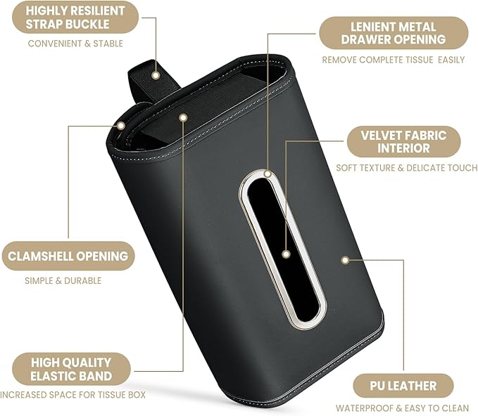 Car Tissue Holder, WHHMK Tissue Box Cover Keep Car Tidy, Premium PU Leather Backseat Napkin Rectangle Organizer, Extra Large Tissue Box Storage in Auto Fits for 100-150 Regular Size Tissues, Black