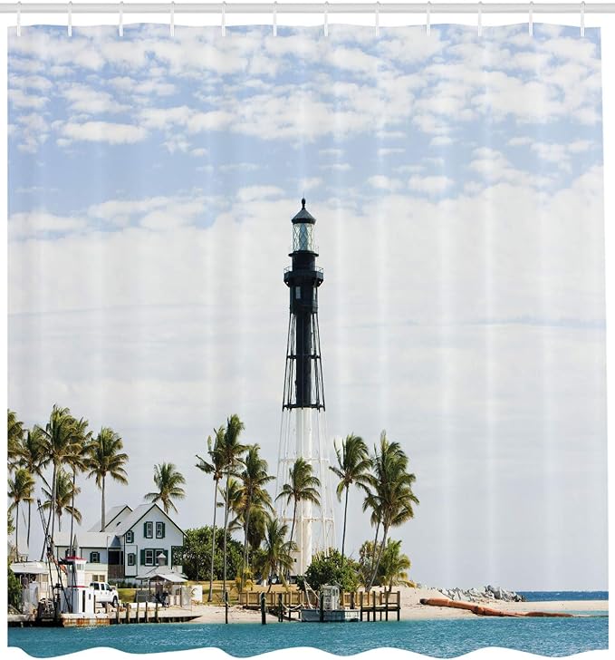 Ambesonne United States Shower Curtain, Hillsboro Lighthouse Pompano Beach Florida Atlantic Ocean Palms Coast, Cloth Fabric Bathroom Decor Set with Hooks, 69" W x 70" L, Blue White Green