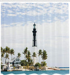 Ambesonne United States Shower Curtain, Hillsboro Lighthouse Pompano Beach Florida Atlantic Ocean Palms Coast, Cloth Fabric Bathroom Decor Set with Hooks, 69" W x 70" L, Blue White Green