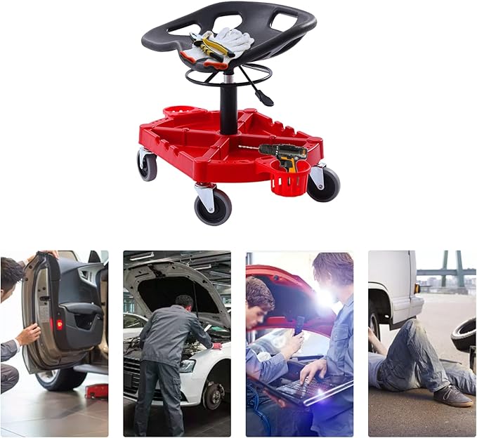 Rolling Garage Stool, 300 LBS Capacity, Adjustable Height, Parts Tray with Bottle Holders, Car Detailing Stool Chair Shop Stool for Car Cleaning Buffer Polisher Ceramic Coating