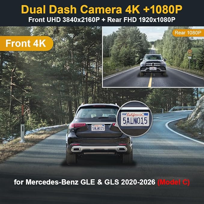 Fitcamx Front 4K+Rear 1080P Dash Cam Adapts for Mercedes-Benz GLE GLS 2020-2026 (Model C) Compare Cover Shape, OEM Look, Dual HD Video, WiFi & APP, G-Sensor, Loop Recording, Easy to Set, 128GB Card