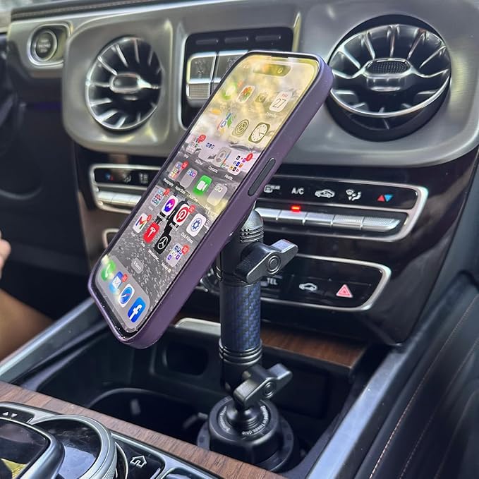 Bulletpoint Adjustable Universal Cup Holder Phone Mount for Car with Carbon Fiber Kevlar Arm Compatible with iPhone Samsung Google Smartphones (MagSafe Phone Holder)