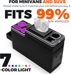 Center Console Between Seat Organizer for Minivans,SUVs,with Dual USB Charging ,Cup Holders,tissue box, 7 Color ambient lighting and drawers for Minivan, Middle Van Floor Console Organizer Storage Box