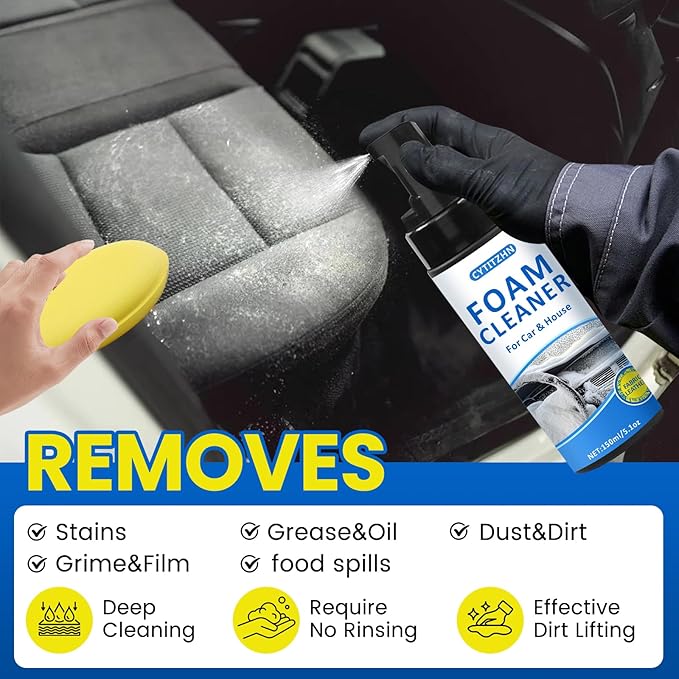 Multipurpose Car Interior Foam Cleaner for Seats, Carpets & Dashboard – Deep Cleaning Formula for Fabric, Leather, Plastic Surfaces | Car Detailing Kit & Upholstery Cleaner (5.1Oz/150ML)