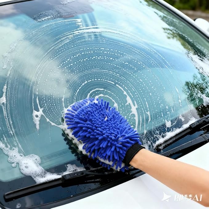 Car Wash Mitt Microfiber, 2PK-Scratch & Lint Free, Premium Chenille Microfiber Wash Mitt (Shallow Blue)
