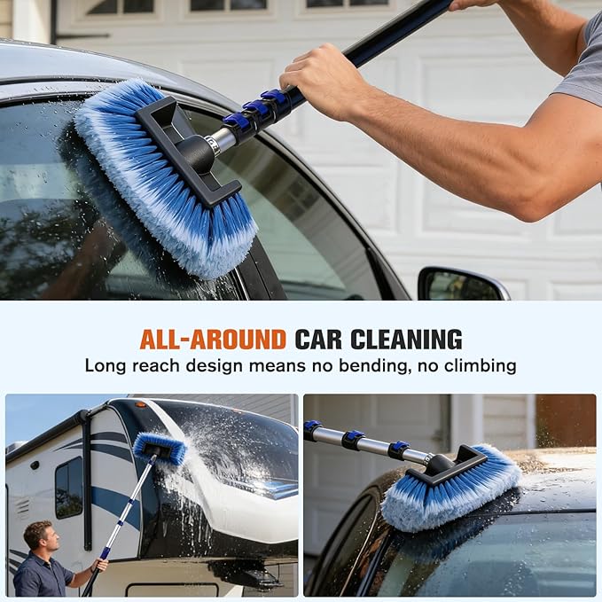 12FT Car Wash Brush with Long Handle - Car Cleaning Kit with 8 Attachments, 180° Rotating Mop, Foldable Bucket, Scratch-Free Soft & Hard Brushes for Cars, Trucks, SUV, RV, Home Windows & Siding