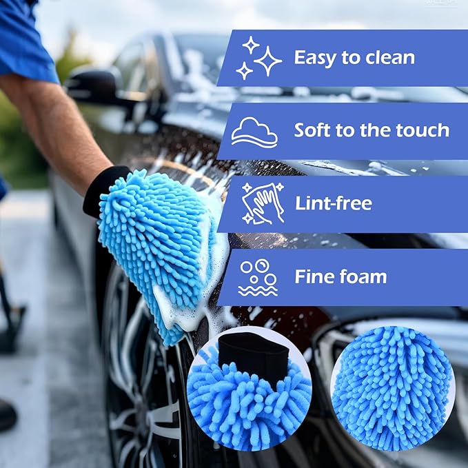 4Pcs Car Wash Mitt Microfiber Gloves Chenille Material Microfiber Towels for Car Washing Supplies Kit Scratch Free Cleaning Fluorescent Green