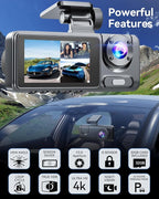 Dash Cam Front Rear with 3 Channel, 4K Full UHD Car Camera, 5GHz WiFi & App Control, Free 32GB Card Included, Dash Camera for Cars with IR Night Vision, 24 Parking Mode, Loop Recording, G-Sensor