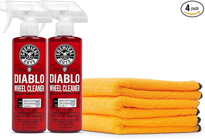 Chemical Guys CLD_998_1602 Sprayable Diablo Wheel Cleaner (Safe on All Wheel & Rim Finishes),16 oz (2 Pack) + MIC_506_03 Premium Microfiber Towels, Gold (16 Inch x 16 Inch) (Pack of 3)