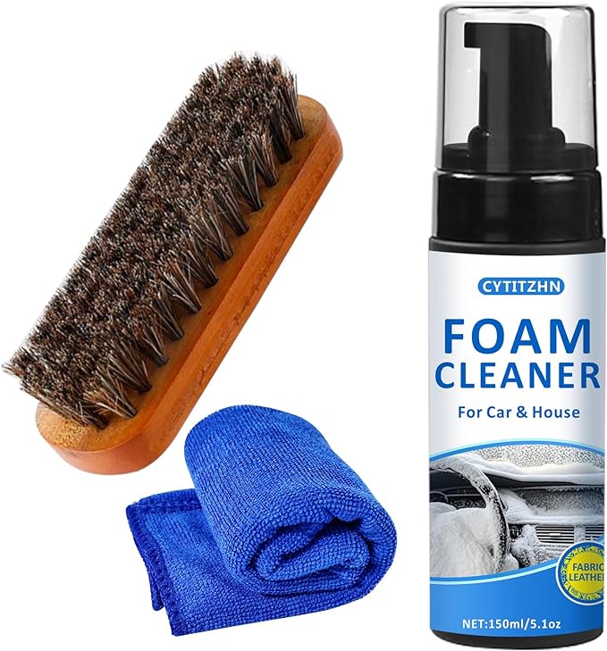 Car Interior Cleaner Kit – All-Purpose Foam Cleaner for Leather, Fabric, Vinyl, Plastic, Carpet & Upholstery | Deep Stain Remover | Includes Brush & Microfiber Towel – 5oz/150ml